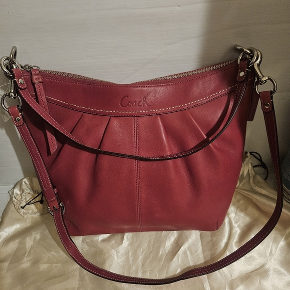Coach Red-Pink Pleated Leather Zipper Closure Hobo Crossbody Shoulder Bag Purse - Picture 3 of 11